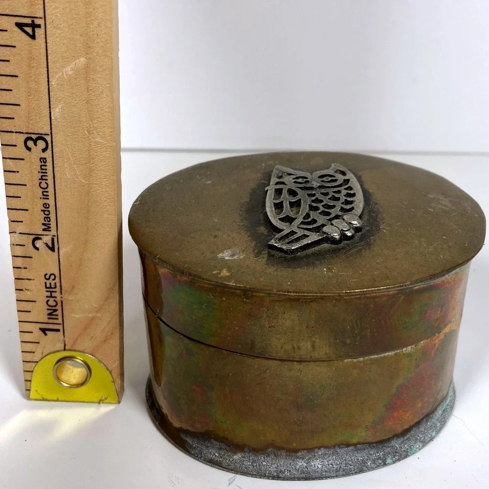 Vintage Brass Oval Trinket Box Filigree Owl Hinged Lid Patinated Rustic Decor